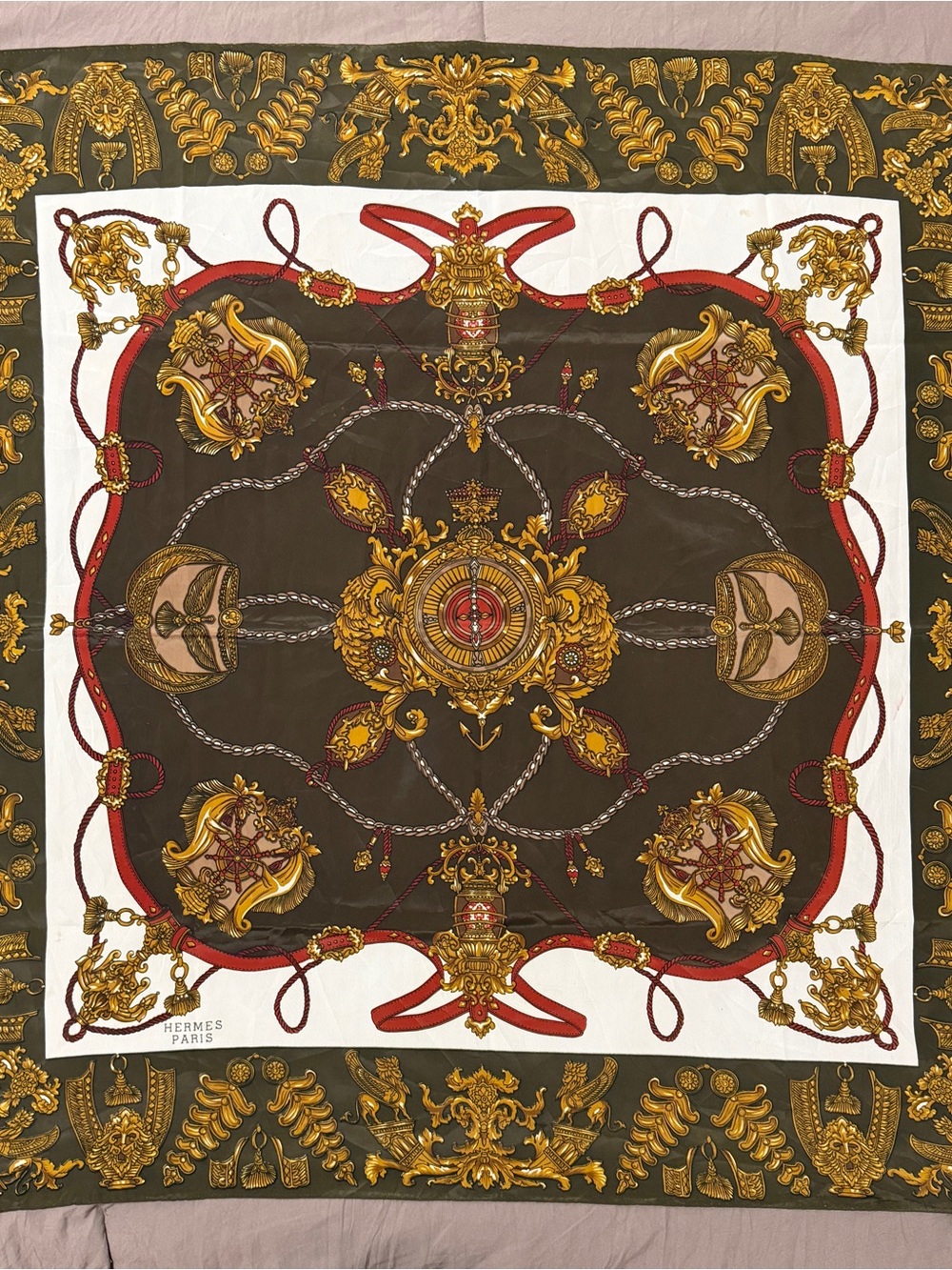 Hermès Paris Silk Scarf - Brown, Gold & Red Baroque Print